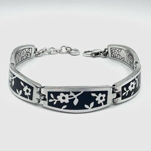 Brighton Black & Silver Tone Floral Block Link Adjustable Bracelet